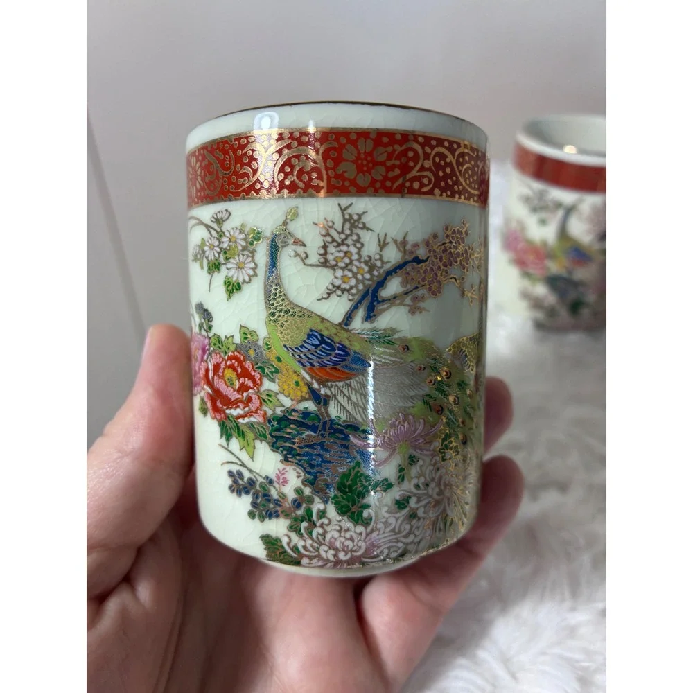 Vintage Peacock Tea Set Teapot 3 Cups Crackle Glaze Japan 1979 Arnart Satsuma